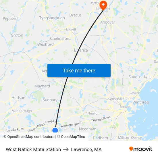 West Natick Mbta Station to Lawrence, MA map