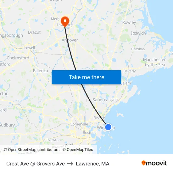 Crest Ave @ Grovers Ave to Lawrence, MA map