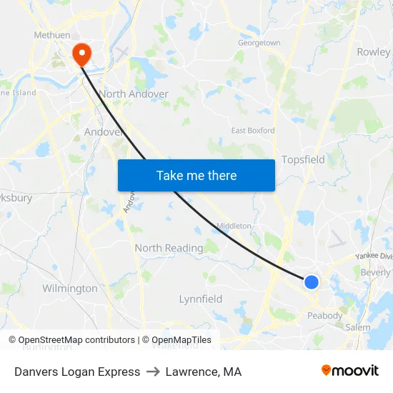 Danvers Logan Express to Lawrence, MA map