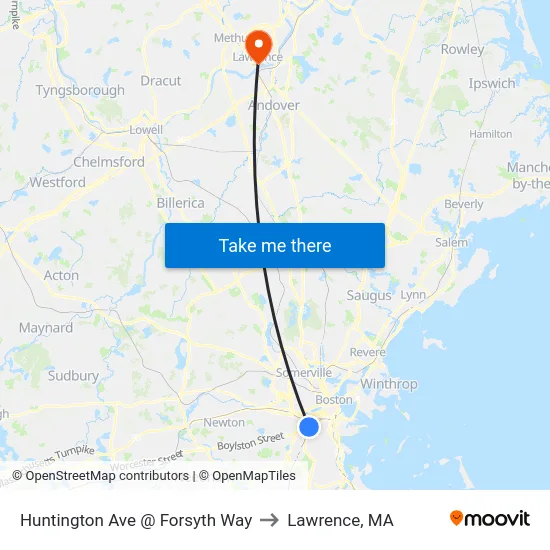 Huntington Ave @ Forsyth Way to Lawrence, MA map