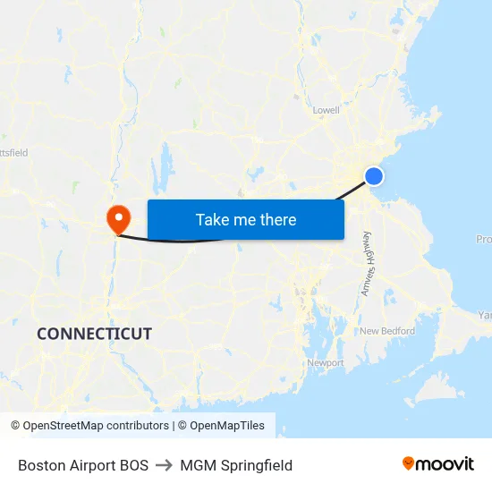 Boston Airport BOS to MGM Springfield map