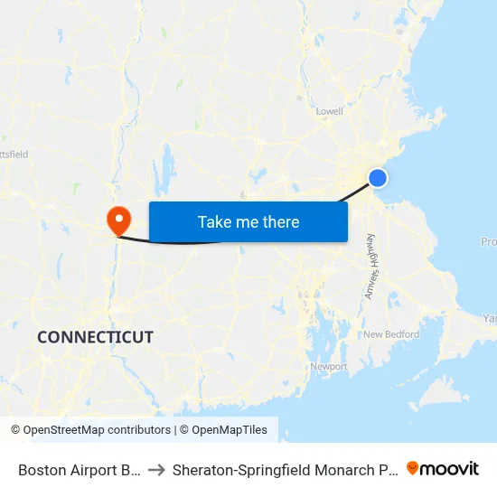 Boston Airport BOS to Sheraton-Springfield Monarch Place map