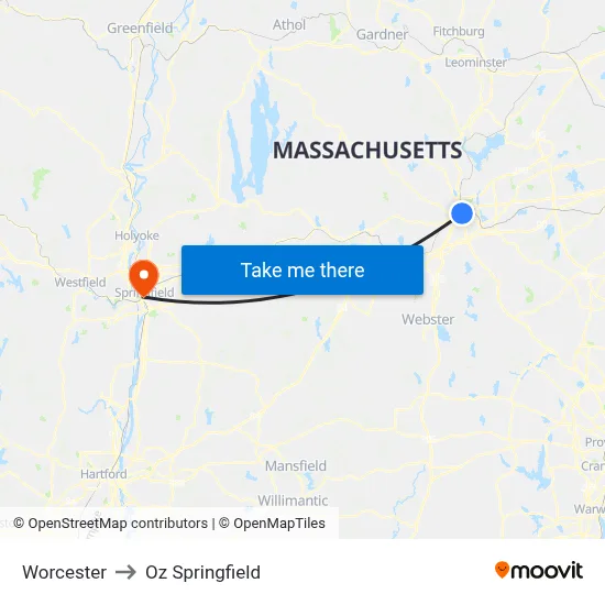Worcester to Oz Springfield map