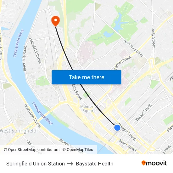 Springfield Union Station to Baystate Health map
