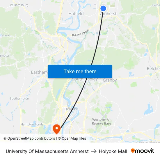 University Of Massachusetts Amherst to Holyoke Mall map