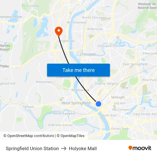 Springfield Union Station to Holyoke Mall map