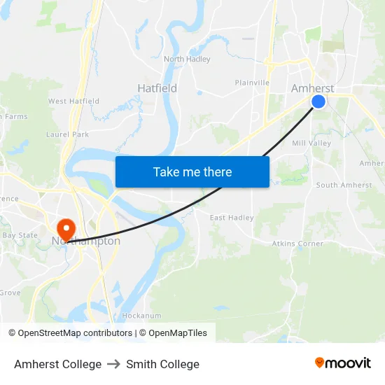 Amherst College to Smith College map