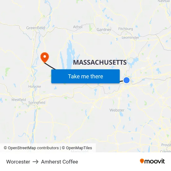 Worcester to Amherst Coffee map