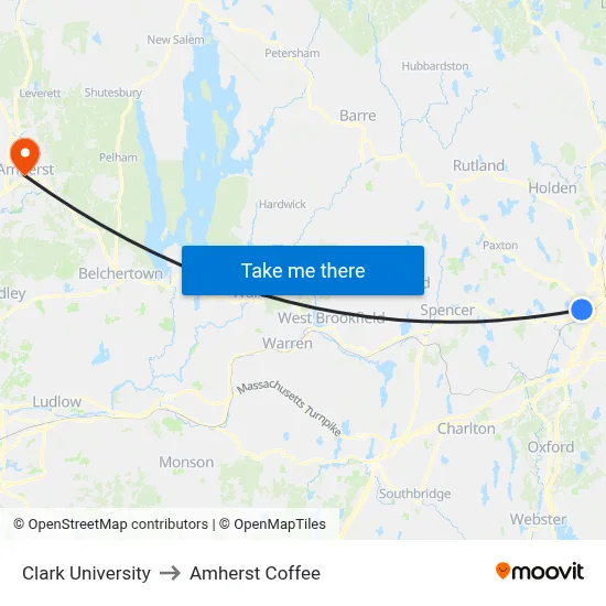 Clark University to Amherst Coffee map