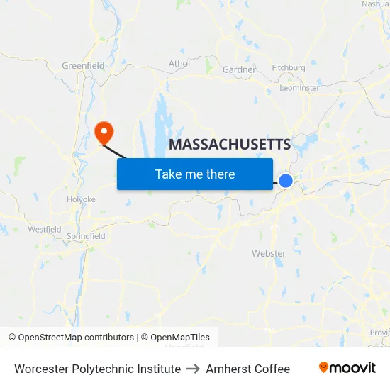 Worcester Polytechnic Institute to Amherst Coffee map