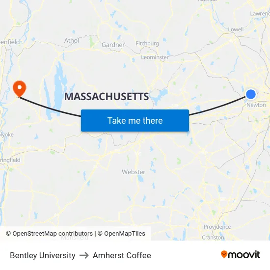 Bentley University to Amherst Coffee map