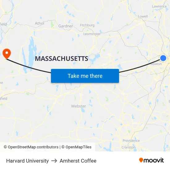 Harvard University to Amherst Coffee map
