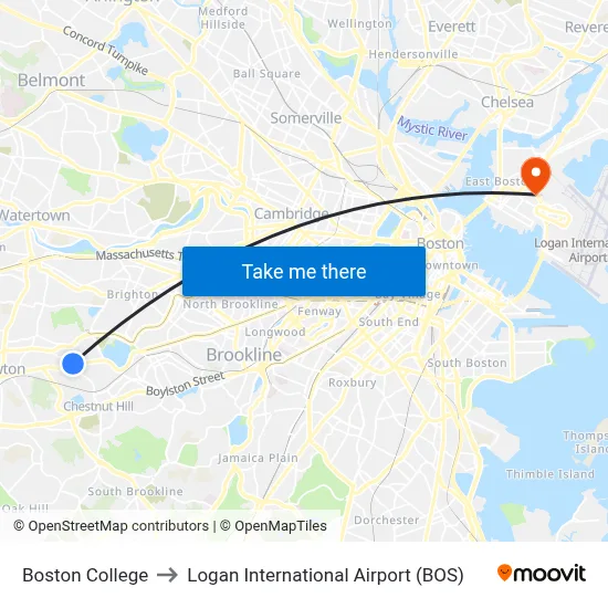 Boston College to Logan International Airport (BOS) map