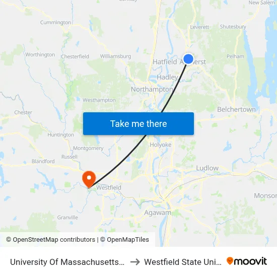 University Of Massachusetts Amherst to Westfield State University map