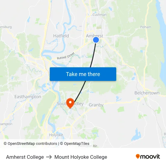 Amherst College to Mount Holyoke College map