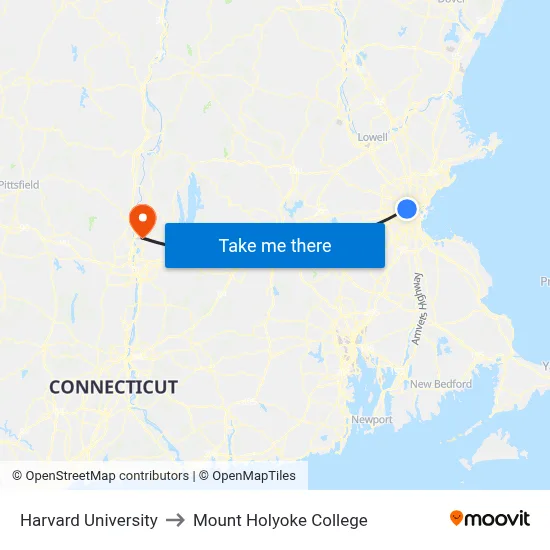 Harvard University to Mount Holyoke College map