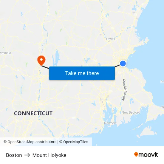 Boston to Mount Holyoke map