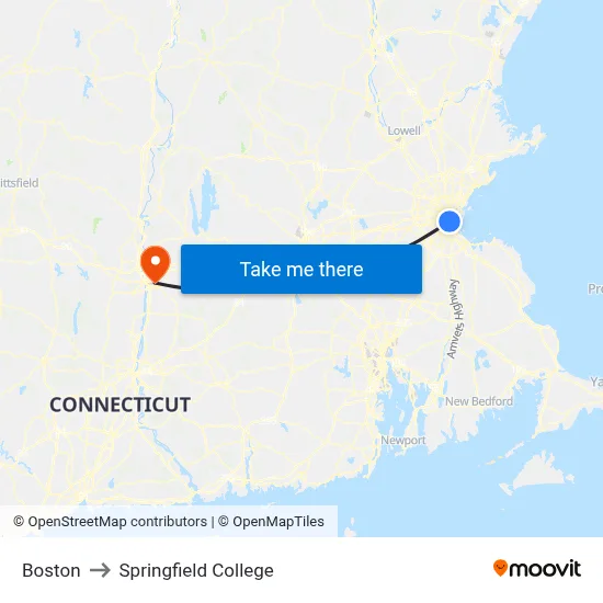 Boston to Springfield College map