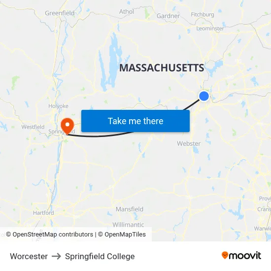 Worcester to Springfield College map