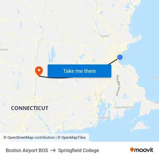 Boston Airport BOS to Springfield College map