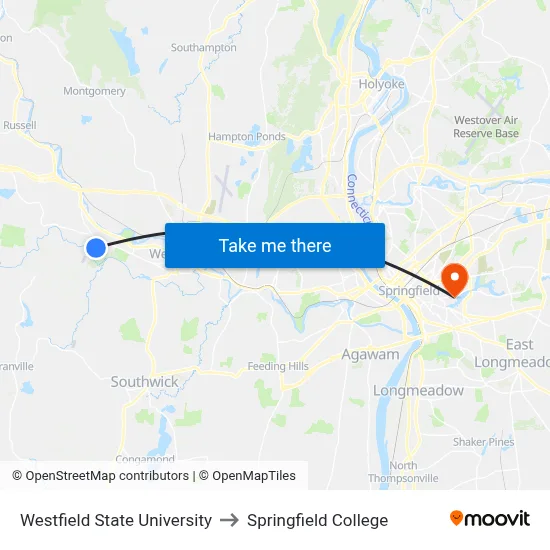 Westfield State University to Springfield College map