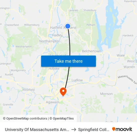 University Of Massachusetts Amherst to Springfield College map