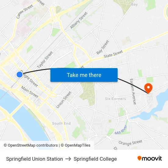 Springfield Union Station to Springfield College map