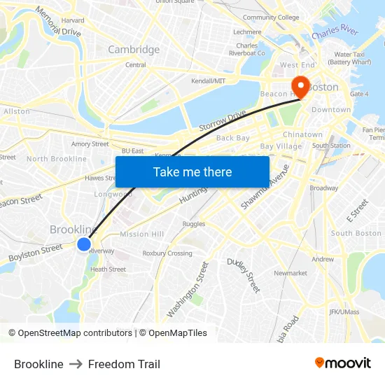Brookline to Freedom Trail map