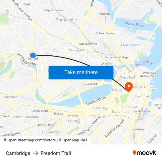 Cambridge to Freedom Trail map