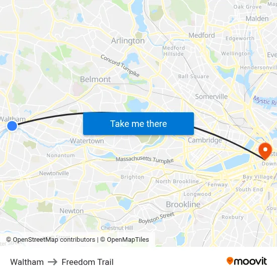 Waltham to Freedom Trail map