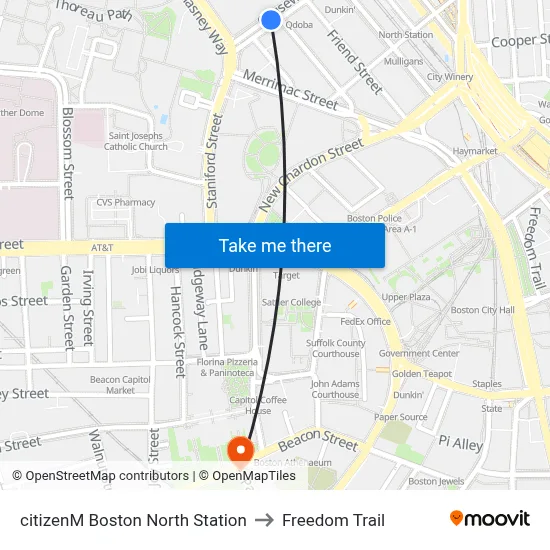 citizenM Boston North Station to Freedom Trail map