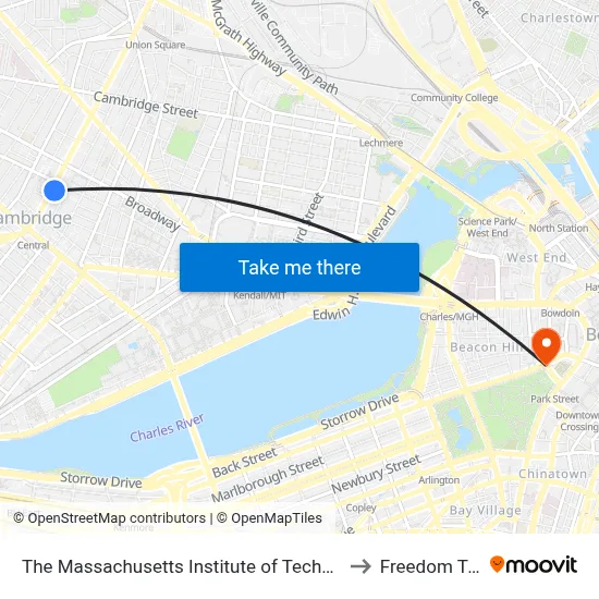 The Massachusetts Institute of Technology to Freedom Trail map