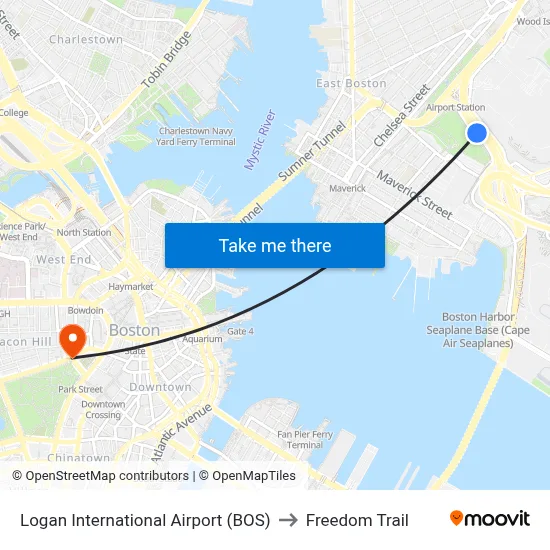Logan International Airport (BOS) to Freedom Trail map