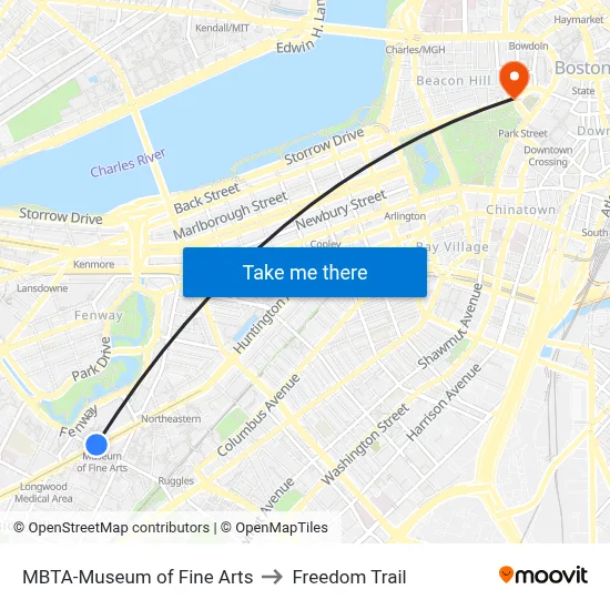 MBTA-Museum of Fine Arts to Freedom Trail map