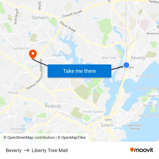Beverly to Liberty Tree Mall map