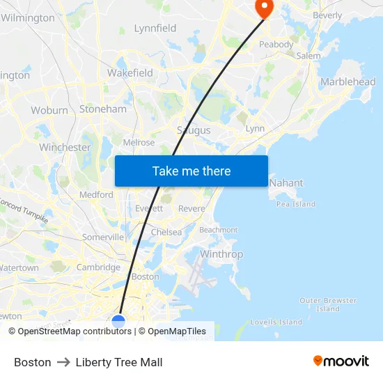 Boston to Liberty Tree Mall map