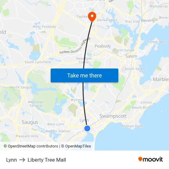 Lynn to Liberty Tree Mall map