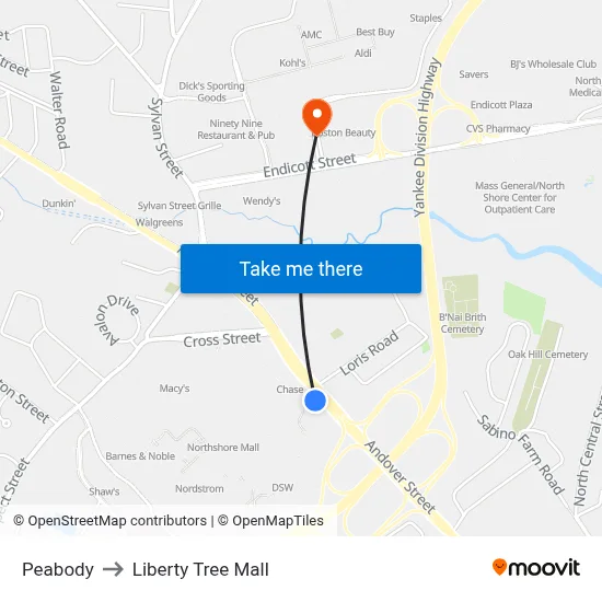 Peabody to Liberty Tree Mall map