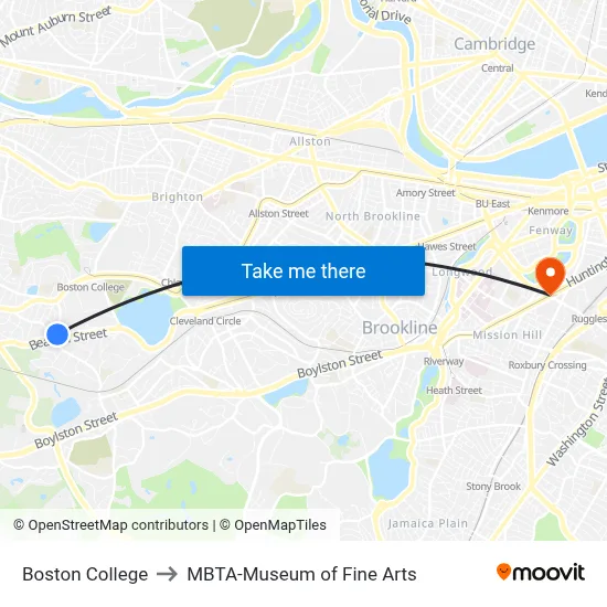 Boston College to MBTA-Museum of Fine Arts map