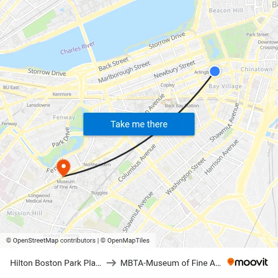 Hilton Boston Park Plaza to MBTA-Museum of Fine Arts map