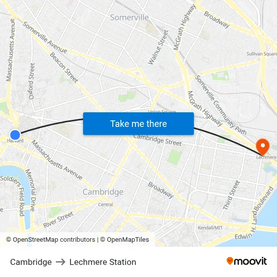 Cambridge to Lechmere Station map