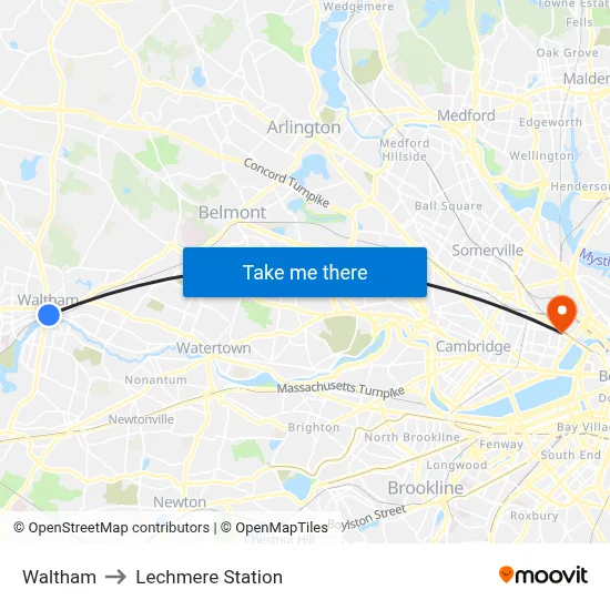 Waltham to Lechmere Station map
