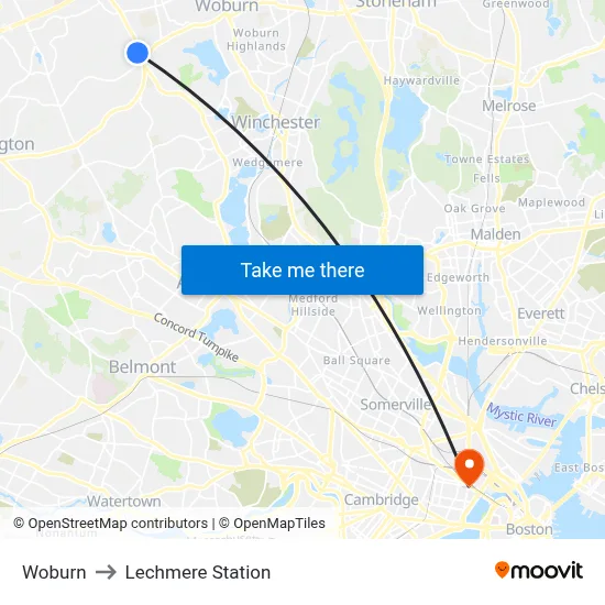 Woburn to Lechmere Station map