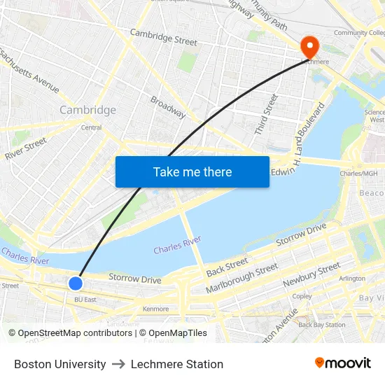 Boston University to Lechmere Station map