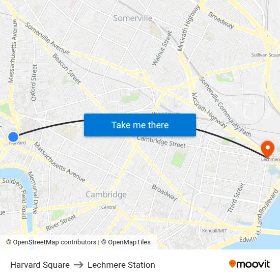 Harvard Square to Lechmere Station map