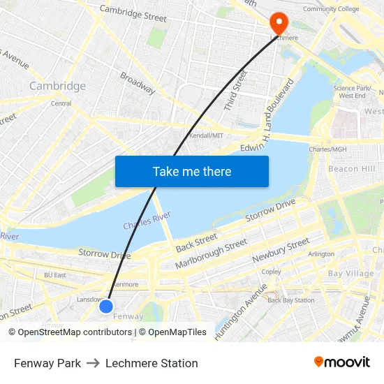 Fenway Park to Lechmere Station map