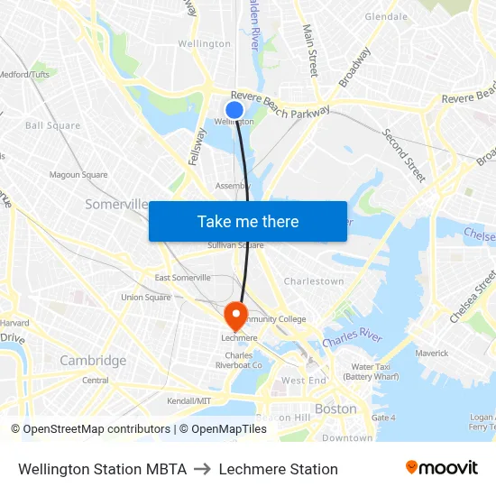 Wellington Station MBTA to Lechmere Station map