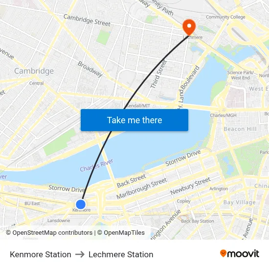 Kenmore Station to Lechmere Station map