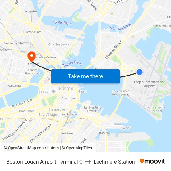 Boston Logan Airport Terminal C to Lechmere Station map