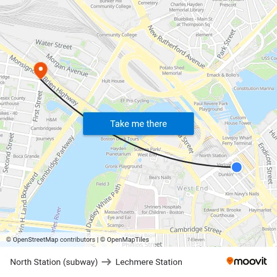 North Station (subway) to Lechmere Station map